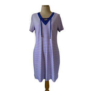 Lulu B Womems Small Striped Purple & White Lace-Up Neckline Short Sleeve Dress
